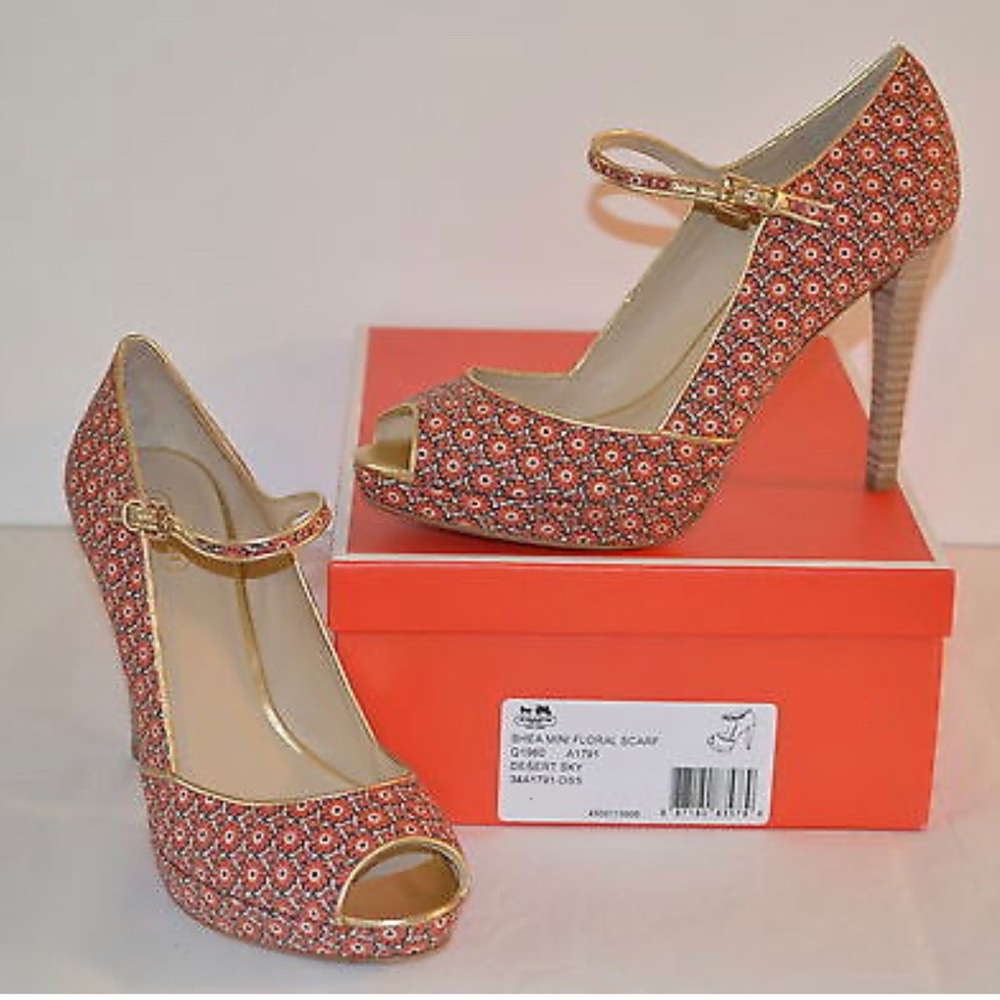 Coach Shea Mini Floral Scarf Desert Sky Mary Jane peep-toe heels